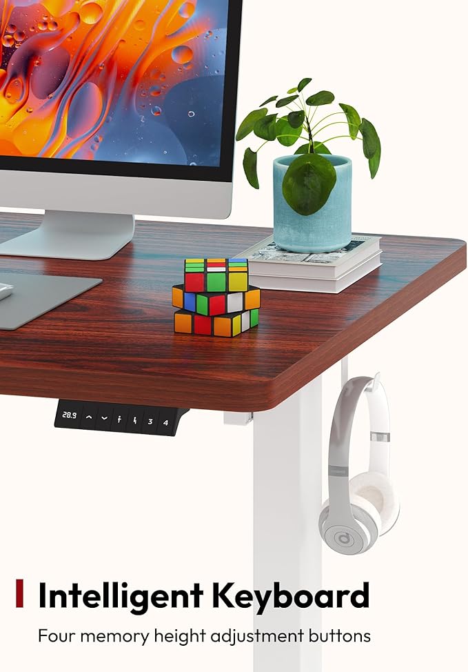 SANODESK Electric Standing Desk 60 x 24 Inches Whole-Piece Desktop Height Adjustable Stand Up Desk w/6-Button Controller Ergonomic Computer Desk for Home Office, White Frame + Mahogany Tabletop