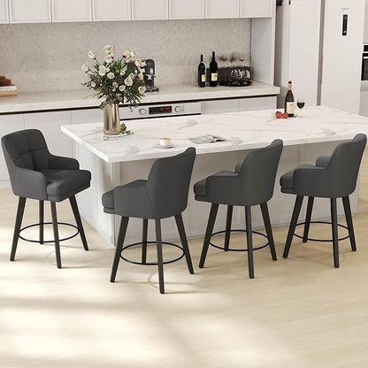 360°Swivel Counter Height Bar Stools with Back, 26 inch Solid Wood Legs, Bar Stool Modern Kitchen Island Chairs, Fabric (Black Grey- Fabric, 26" H- Set of 6)