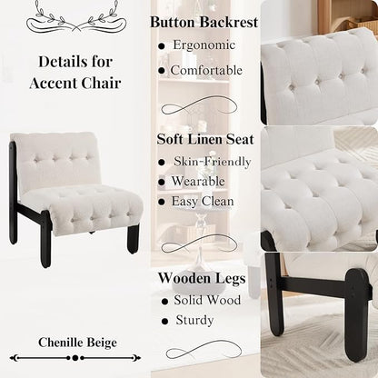 HEAH-YO Living Room Accent Chairs Set of 2,Modern Armless Chair for Bedroom with Button Tufted Back and Wood Legs,Upholstered Comfy Reading Chair for Makeup Vanity Office Cafe,Linen Beige