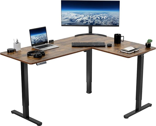 VIVO Corner Standing Desk, 63 x 47 inch Reversible L-Shaped Workstation, Electric Height Adjustment, Home, Office, and Reception Rooms, Rustic Vintage Brown Table Top Black Frame, DESK-E3CTN-47