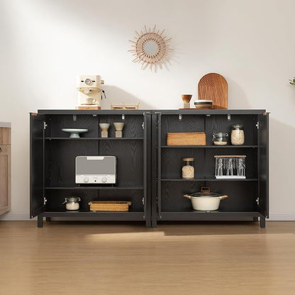 SICOTAS Rattan Sideboard Buffet Storage Cabinet - 3 Pieces Boho Farmhouse Coffee Bar Cabinet Credenza Cabinet with Storage and Rattan Decorated Doors for Home Kitchen, Black
