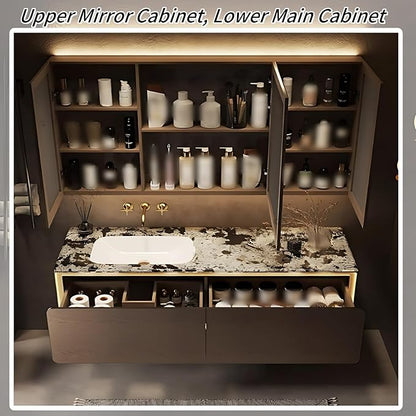 70IN Bathroom Vanity Set with a Single Sink - Embedded Sensor Light Strip & Large Capacity Floating Cabinet | Modern Bathroom Vanities with Defogging Mirror Surface & LED Lighting (Mirror Cabinet)