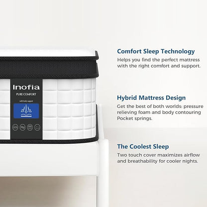 Inofia Full Mattress, 12 Inch Hybrid Innerspring Mattress Cool Bed with Breathable Soft Knitted Fabric Cover, 101 Nights Trial, Full Size Mattresses