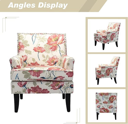 HULALA HOME Modern Accent Chair with Arms and Wooden Legs, Mid Century Accent Chair Armchair High Back Rest, Padded Armrest and Comfortable Cushioned Seat for Living Room (Red Yellow Floral)