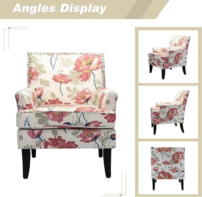 HULALA HOME Modern Accent Chairs Set of 2, Farmhouse High Back Floral Chairs with Wooden Legs & Nail Head Trim, Comfy Upholstered Armchairs for Living Room/Bedroom (Red Yellow Floral)