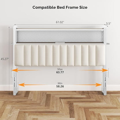 VINGLI Queen Size Headboard Only, Adjustable Upholstered Headboard with 2 Tier Shelves and Pegboard with Charging Stations and LED Lights, Modern Bed Headboard with Storage for Bedroom Decor