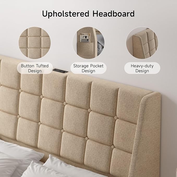 Ergonomic Upholstered Headboard Queen Size w/Charging Station, Linen Wingback Headboards w/Storage Pocket, Queen Headboard Only, Bed Frame Adapters, Sturdy Stable Solid Wood Bed Head Board, Beige