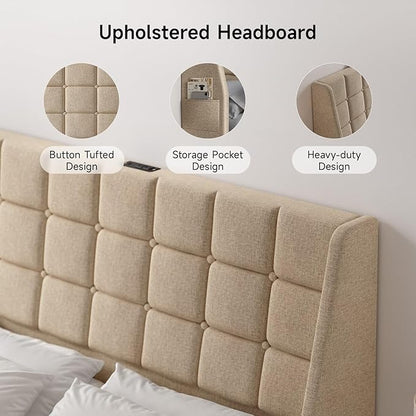 Ergonomic Upholstered Headboard Queen Size w/Charging Station, Linen Wingback Headboards w/Storage Pocket, Queen Headboard Only, Bed Frame Adapters, Sturdy Stable Solid Wood Bed Head Board, Beige