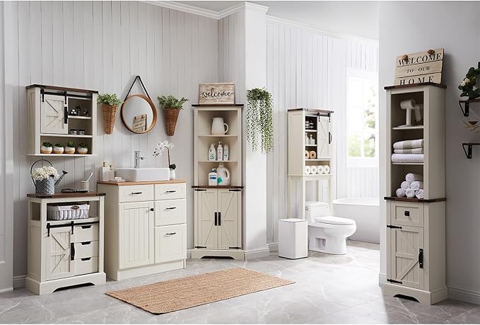 OKD Over The Toilet Storage Cabinet, Farmhouse Storage Cabinet Over Toilet with Sliding Barn Door & Adjustable Shelves, Home Space Saver for Bathroom, Living Room, Rustic Oak with Antique White