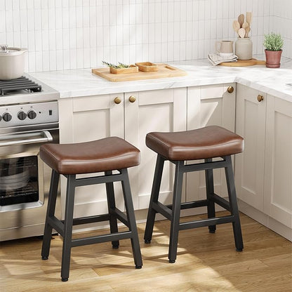 Counter Height Bar Stools Set of 2, 24 Inch Barstools for Kitchen Counter, Kitchen Stools with Bonded Leather Saddle Seats & Heavy Duty Metal Legs, Easy Assembly, Brown/Black