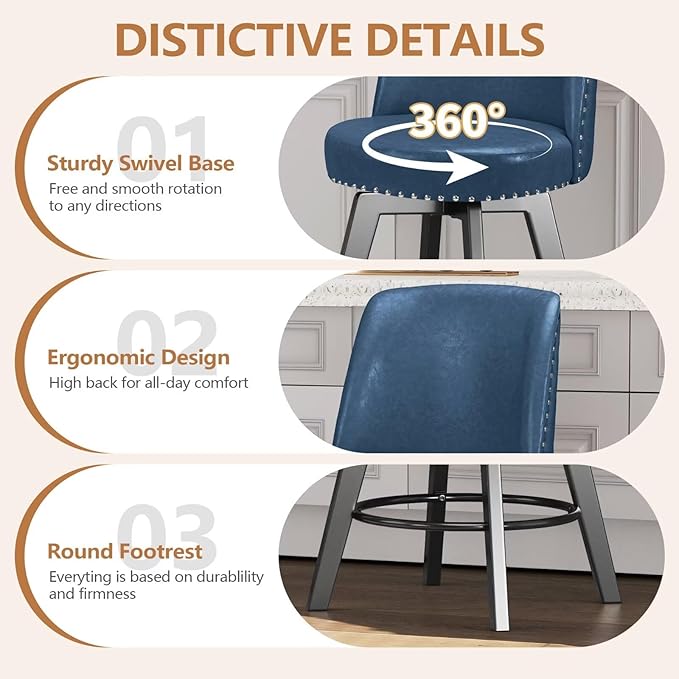 MINCETA Bar Stools Set of 4, PU Leather Barstools, 26 Inch Upholstered Counter Stools with High Back and Footrest, Swivel Counter Height Barstools for Kitchen Island Home Bar Navy Blue
