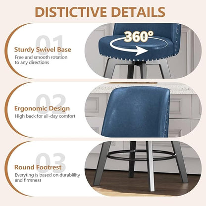 MINCETA Bar Stool, PU Leather Barstool, 26 Inch Upholstered Counter Stool with High Back and Footrest, Swivel Counter Height Barstool for Kitchen Island Home Bar Navy Blue