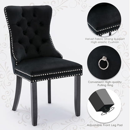 Velvet Upholstered Dining Chairs Set of 6, Modern Style Kitchen Side Chairs with Nailhead Trim and Wood Legs,Metal Pulling Ring for Dining Room Living Room(Black,Set of 6)