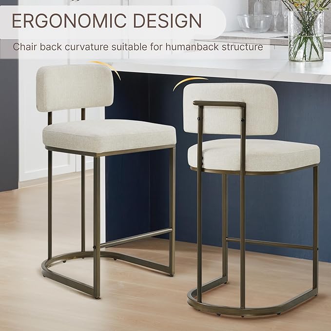 26" H Counter Height Bar Stools Set of 4, Modern Linen Fabric Upholstered Barstools with Backrest for Kitchen Island, Gold Metal Frames, Linen