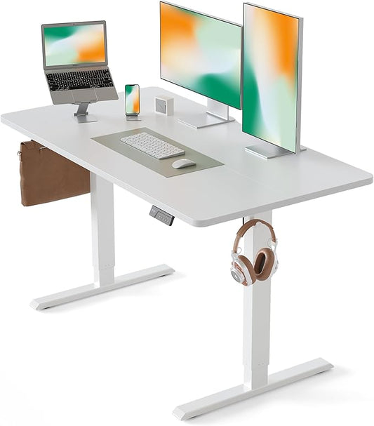 CubiCubi Height Adjustable Electric Standing Desk, 55 x 28 Inches Sit Stand up Desk, Large Memory Computer Home Office Desk with Two-Piece Desktop (White)