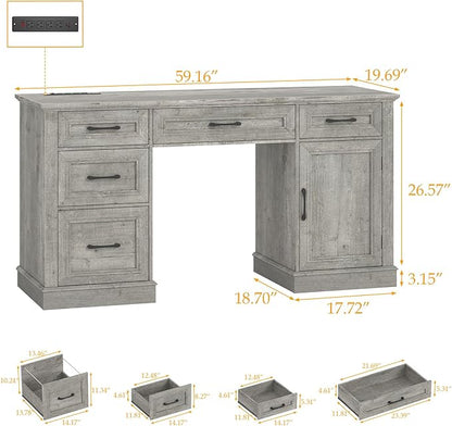 Farmhouse 59'' Executive Desk with Charging Station,Office Desks Computer Desk with 5 Drawers, Wood Workstation for Home Office and Study, File Drawers and Storage Cabinet, Grey