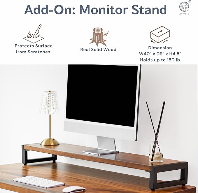 Wood Computer Desk with Monitor Stand - 48x27 Solid Wood Desk, Live Edge Walnut Desk, Sturdy Metal Legs - Scratch and Stain Resistant Finish - Premium Quality