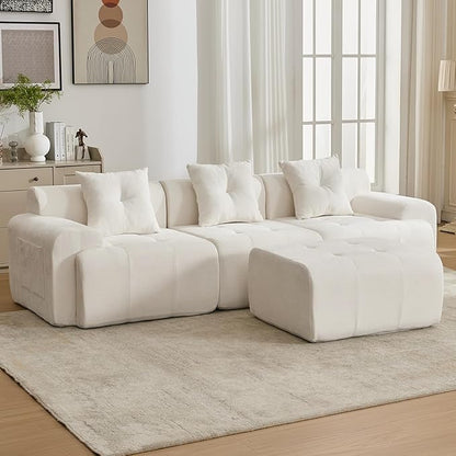 101.65” Modular Sectional Couch for Living Room, Modren L-Shape Cloud Sectional 3-Seater Sofa with Movable Ottoman, Woven Texture Upholstery Boneless Couch, No Assembly Grey, Beige