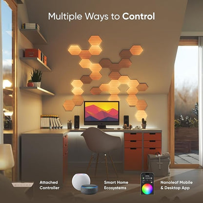 Nanoleaf Elements Wood Look Smart Wall Lights, Hexagon LED Wall Lights work with Alexa Google Assistant, Home Wall Decor for Living Room with Music Sync, Touch Control, Ambient White 1500-4000K, 13 PK