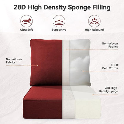 Luxury 6" Outdoor Cushions for Patio Furniture, 24x24x6" Thick Seat Cushion Set of 9, Fade Resistant Couch Chair Replacement Cushions High Density Deep Wicker Chair Cushion w/ Removable Cover, Red