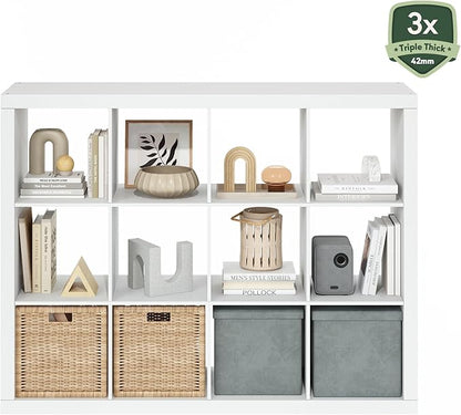 Furinno Cubicle Book Shelf, 12-Cube Bookshelf, Triple Thick Frame Cube Storage Organizer, Bookcase, 15.4 x 57.4 x 43.4, for Home Office, Living Room, Plain White