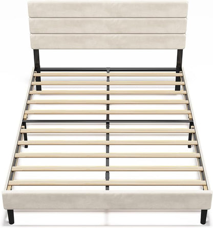 WLIVE Queen Size Upholstered Bed Frame, Velvet Square Tufted Headboard, Sturdy Metal & Wooden Slats Support, No Box Spring Needed, Beige