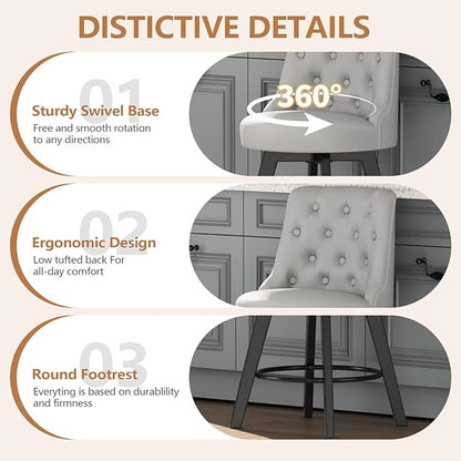 MINCETA Set of 4 Upholstered Bar Stools - 26 Inch Swivel Counter Height Stools with Low Tufted Back, Footrest & Performance Fabric - Round Seat for Kitchen Island & Home Bar Light Gray