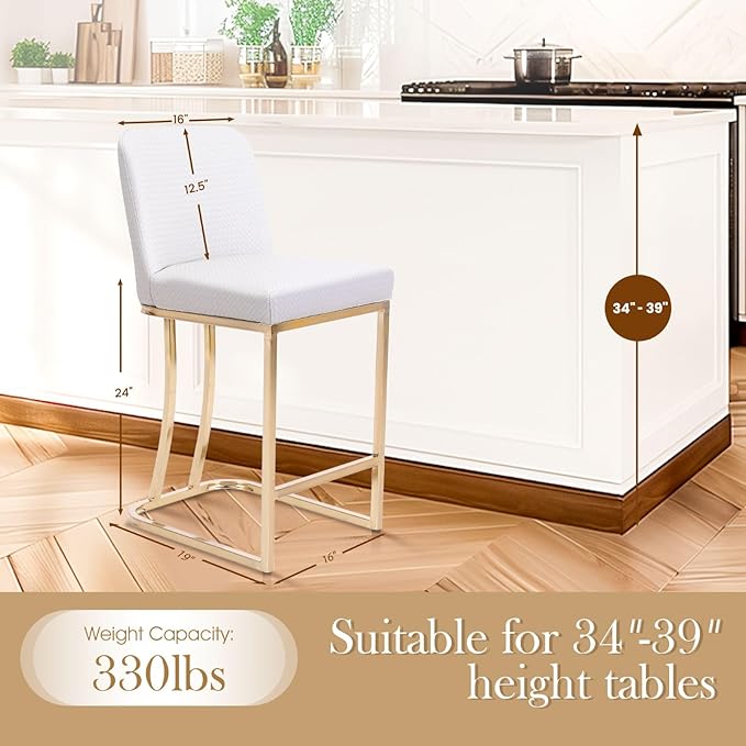 Sophia & William Creamy White & Gold Counter Height 2 Bar Stools Set - Farmhouse Style with Back, Modern Faux Leather Upholstered