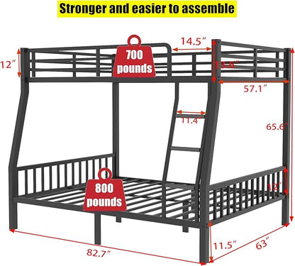 Higher Quality & Stronger Metal Full XL Over Queen Bunk Bed, Thickened Heavy Duty More Stable Safer Black Steel Bunkbed Bunk Queen Bed (Easier to Assemble) (Full XL Over Queen)