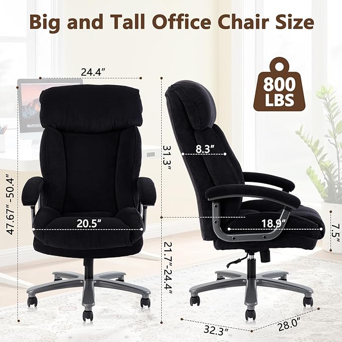CLATINA Big and Tall Executive Office Chair, Extra Wide Seat, 800 LBS Capacity Heavy Duty Ergonomic Cloth Desk Chair with Wheels and Padded Armrests, High Back Fabric Computer Task Chair, Black