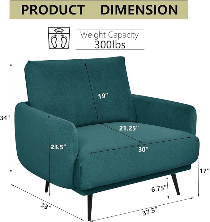 Oversized Accent Chair for Living Room Chairs Reading Arm Chair Comfy Modern Single Sofa Side Chairs with Metal Legs & Soft Cushion for Bedroom, Waiting Room (Velvet Dark Green, Set of 1)