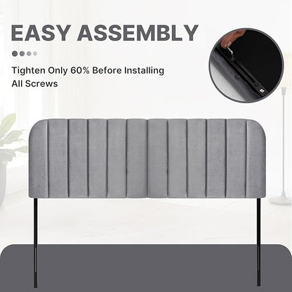 Upholstered Headboard - Striped Interval - Adjustable Height - Metal Legs - Bed Frame (Grey, Queen (U.S. Standard))