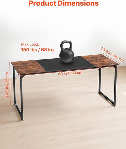 VEVOR Computer Desk, 63 Inch Office Gaming Desk for Home Office, Writing Study Work Modern Simple Table with Metal Frame for Large Legroom, Rustic Brown and Black
