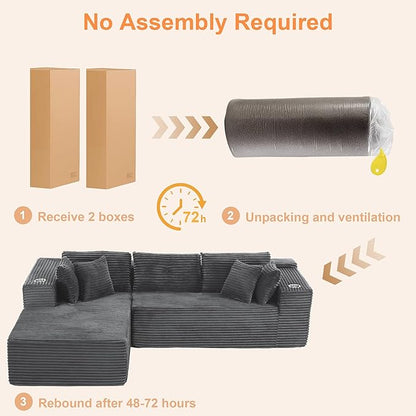 Modular Sectional Sofa, L Shaped Comfy Cloud Couch with Deep Seat, Boneless Couch for Living Room, Modern Corduroy Sectional Sofa with Chaise, No Assembly Required, Sofa in A Box, Dark Gray