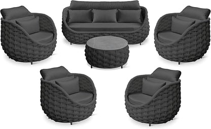 Aluminum Rope Patio Furniture Set: 6 Pieces Assembled Outdoor Conversation Sofa Set for 7 - Modern Metal Couch Set Cushioned - All Weather Porch Seating for Deck Garden Lanai Hotel, Dark Gray