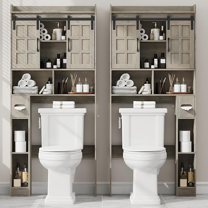 Over The Toilet Storage Cabinet, Farmhouse Storage Cabinet Over Toilet with Sliding Doors，Home Space-Saving Toilet Rack, for Bathroom, Restroom, Laundry.Wash Grey