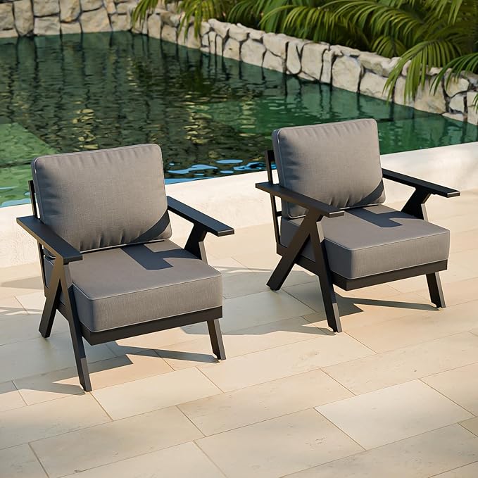 COOS BAY Iron Luxe Modern Outdoor Patio Chairs Set of 2, Lounge Accent Chairs for Backyard, Deck, Porch, Garden, Black/Gray