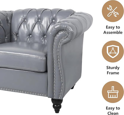 Accent Sofa Chair for Living Room, Modern PU Leather Upholstered Armchair, Oversized Comfy Single Sofa Chair with Cushion, Mid Century Tufted Chesterfield Sofa Couch for Bedroom, Apartment (Grey)