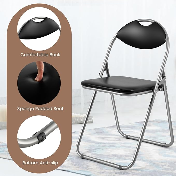 S AFSTAR Folding Chairs Set of 4, Metal Folding Chairs with Carrying Handles, Padded Seats, Non-Slip Foot Pads, Indoor & Outdoor Foldable Padded Chairs for Home Office Reception Room Church, Black