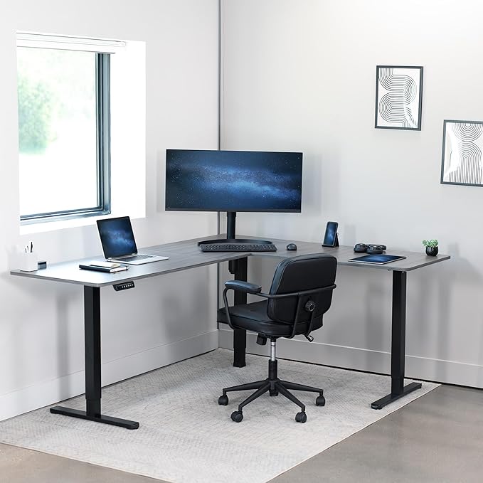 VIVO Corner Standing Desk, 75 x 63 inch Reversible L-Shaped Workstation, Electric Height Adjustment, Home, Office, and Reception Rooms, Dark Gray Table Top Black Frame, DESK-E3CTG-75