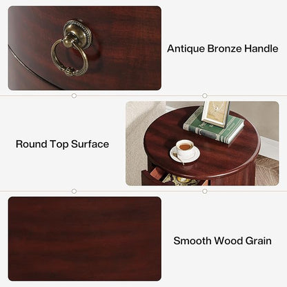 Tribesigns Solid Wood End Table, Round Side Table with 4 Drawers, Vintage Bedside Table Nightstand for Small Spaces, Living Room, Bedroom, No Assembly Required (2, Cherry Brown)