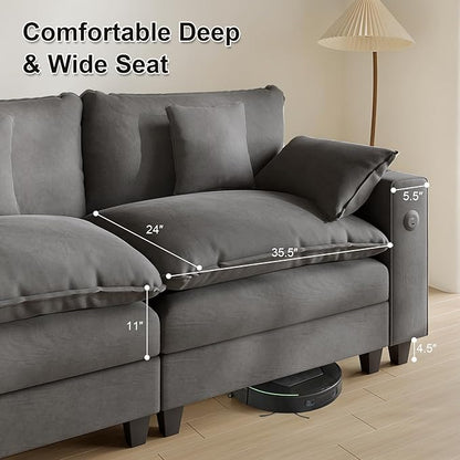 Cloud Couch, Modular Sectional Sofa with Ottoman, Charging Station, Throw Pillows, Cup Holders, Modern Convertible L Shaped Couches for Living Room, Bedroom (Grey, 116"- L Shape)