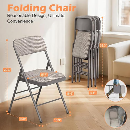 Commercial Grade Folding Chair with Padded Fabric Cushion（16"X16" |Double-hinged Legs Luxury Style|4.5kg Capacity Max Weight 150Kg for Home and Office,Indoor and Outdoor Events (2, Fabric-Beige)