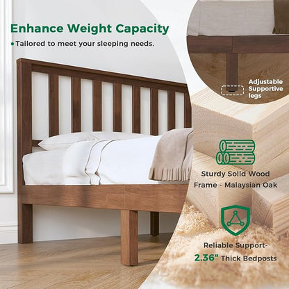 DELAVIN Solid Wood Queen Size Bed Frame with Headboard, Malaysian Oak Platform Bed Frame, Mid Century Modern Bedframe, No Box Spring Needed, Easy Assembly, Queen, Antique Espresso
