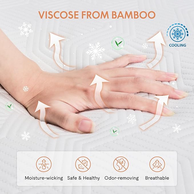 FLEXISPOT 6'' Queen Size Cooling Gel Memory Foam Mattress, Viscose from Bamboo, Medium Firm, 10-Year Warranty, Mattress-in-A-Box, Certi-PUR & Oeko-TEX Certified, Washable, Fire-Resistant.