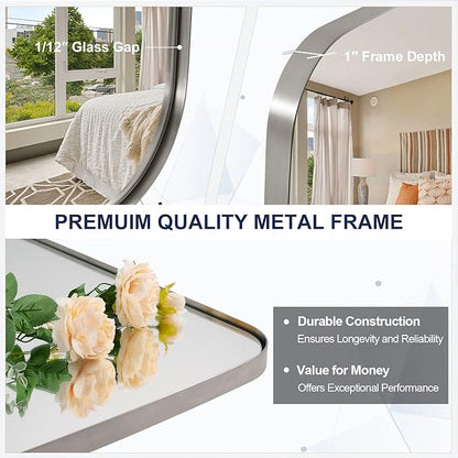 ANDY STAR Brushed Nickel Bathroom Mirror, Large 24x36’’ Brushed Nickel Metal Framed Oblong Wall Mirror, Modern Nickel Oval Vanity Mirror