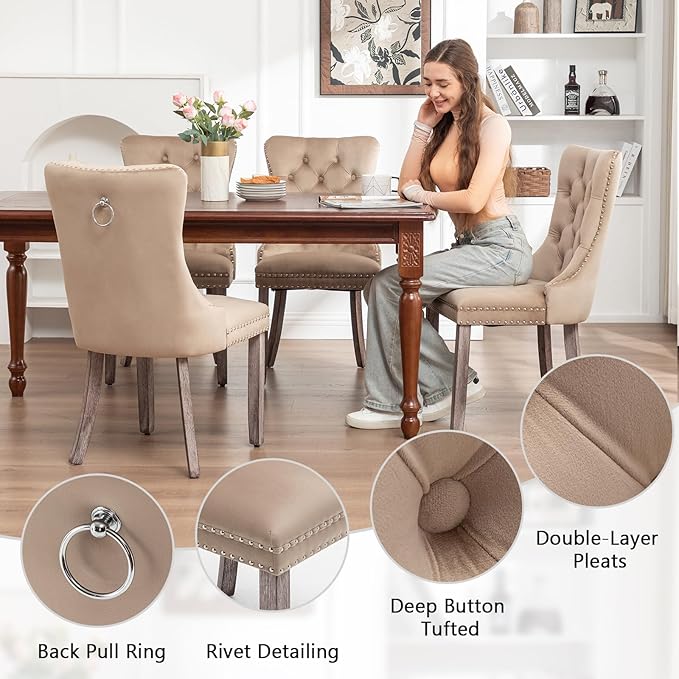 Velvet Dining Chairs Set of 6, Upholstered Dining Room Chairs with Nailhead Ring Pull Trim, Button Tufted Wing Back Chairs for Dining with Solid Wood Legs for Kitchen Dining Room(Khaki)