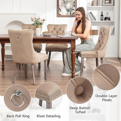 Velvet Dining Chairs Set of 6, Upholstered Dining Room Chairs with Nailhead Ring Pull Trim, Button Tufted Wing Back Chairs for Dining with Solid Wood Legs for Kitchen Dining Room(Khaki)