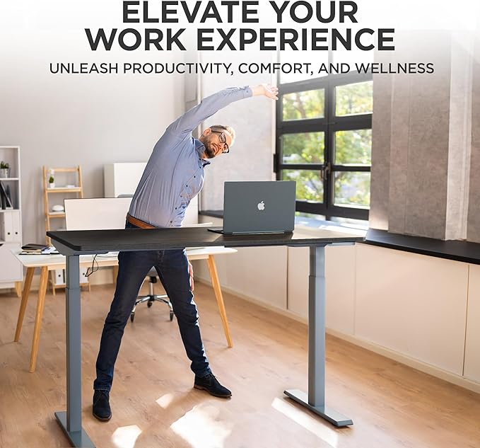 Rise UP Dual Motor Electric Standing Desk 60x30 Black Bamboo Desktop Premium Ergonomic Adjustable Height sit Stand up Home Office Computer Desk Table Motorized Powered Modern Furniture Small Standup