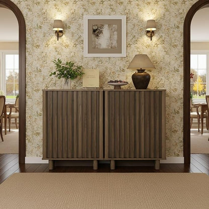 LukeAlon Fluted Sideboard Cabinet, Mid-Century Modern Accent Buffet Cabinet with Storage, 47" Wooden Credenza Cabinets 31.5" Height for Living Room Dining Room Entryway Hallway, Walnut Color